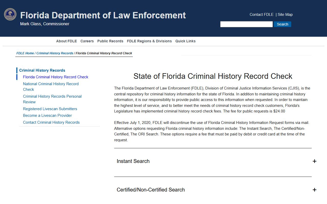 FDLE Florida Checks page for Tamarac background check resources