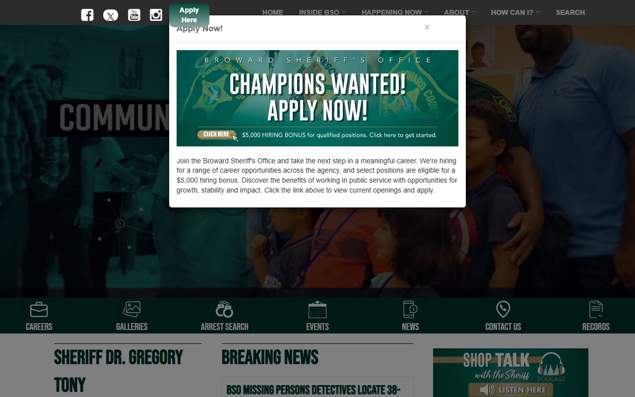 Broward County Sheriff's Office website for background check records