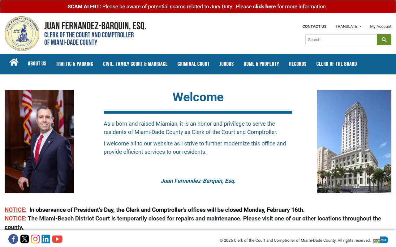 Miami-Dade County Clerk website for background check records