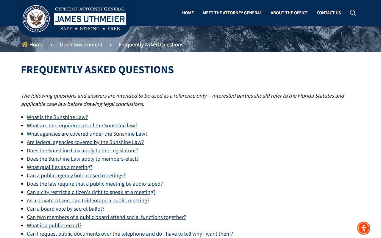 Attorney General FAQ page on Florida public records access