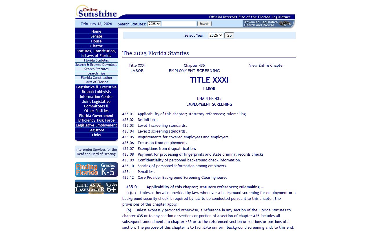 Chapter 435 background screening standards in Florida