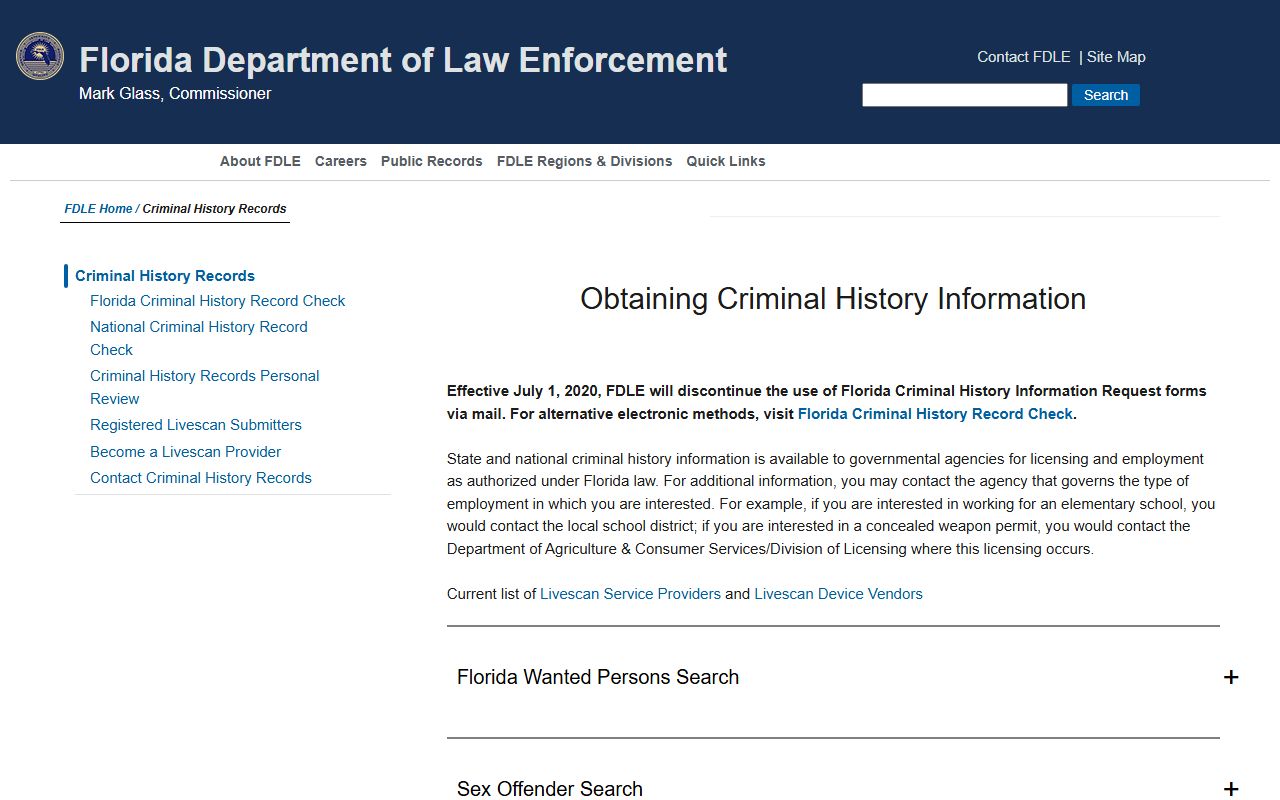FDLE criminal history records page for Florida background checks