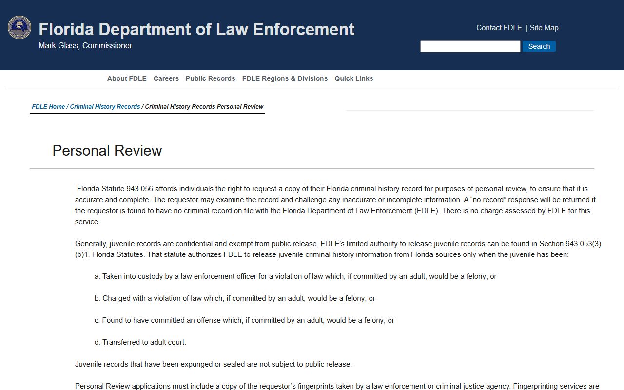 FDLE personal review page for Florida background check records