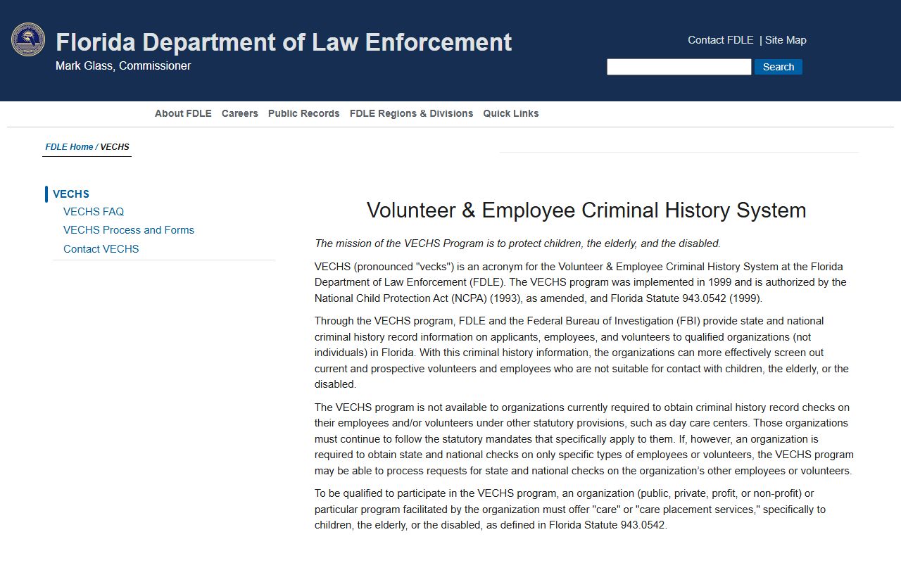 FDLE VECHS background screening program in Florida